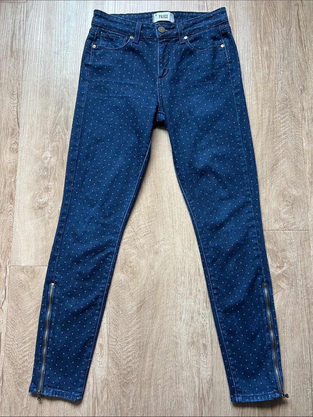 PAIGE Women’s Blue High Waist Skinny Polka Dot Jeans with Ankle Zips Size 26